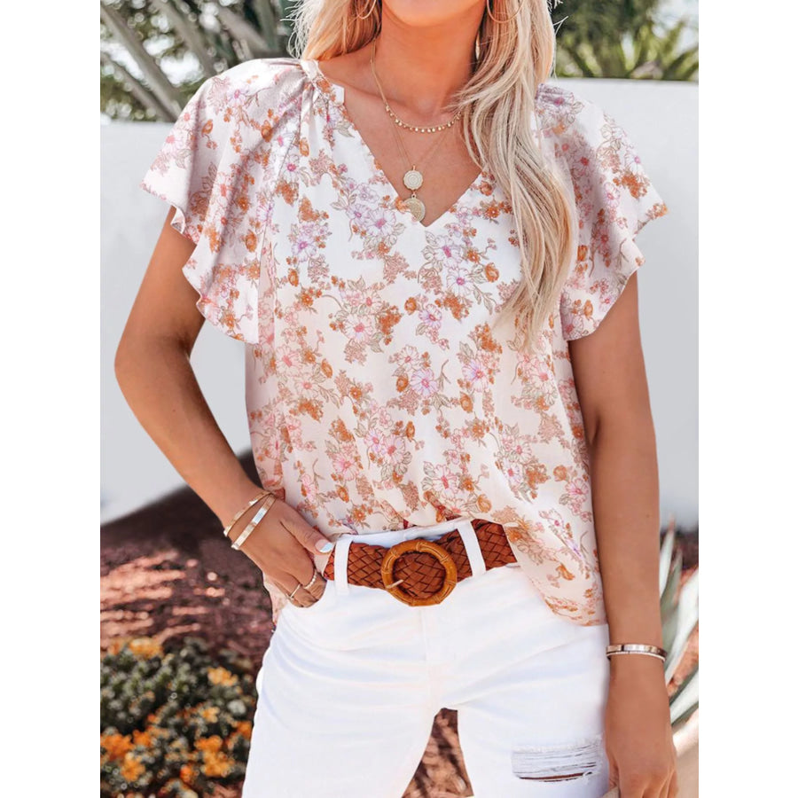 Full Size Floral Print Flutter Sleeve V-Neck Blouse Plus Size White / S Apparel and Accessories