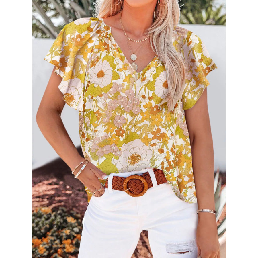 Full Size Floral Print Flutter Sleeve V-Neck Blouse Plus Size Yellow / S Apparel and Accessories