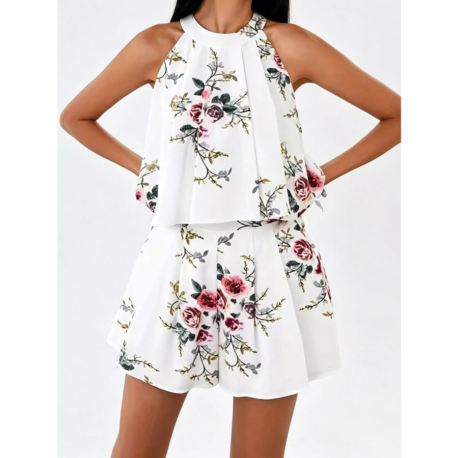 Full Size Floral Print Halter Neck Tank Top and Pleated Shorts Set Plus Size Apparel and Accessories