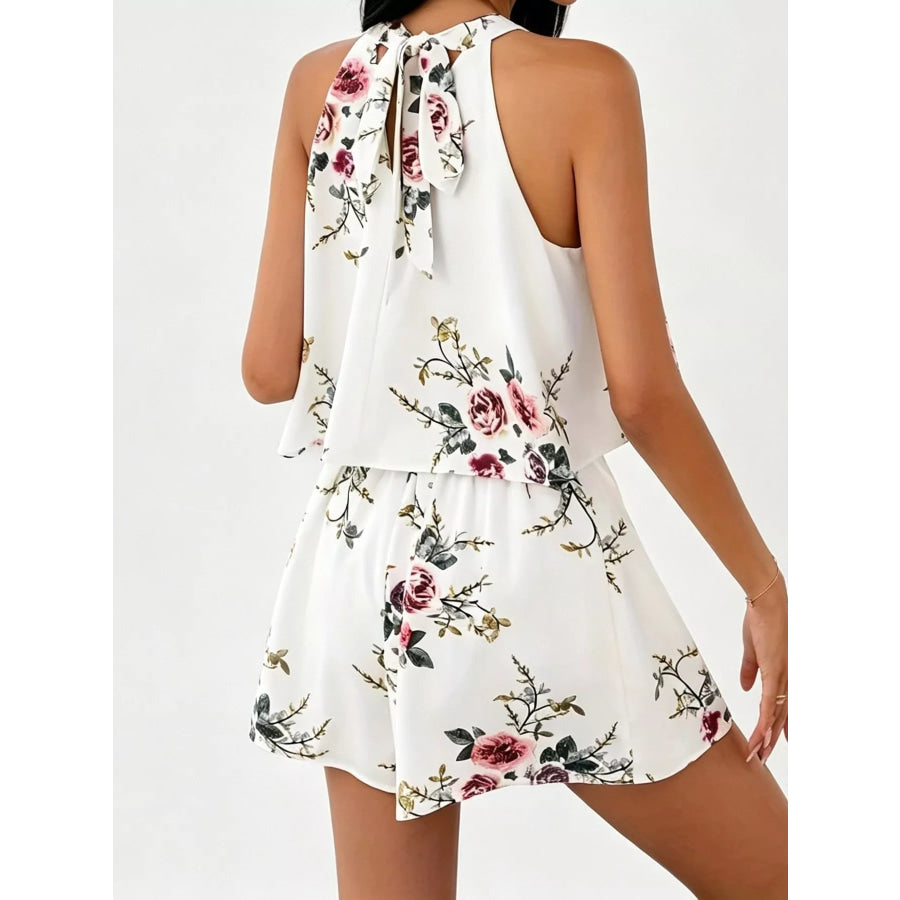 Full Size Floral Print Halter Neck Tank Top and Pleated Shorts Set Plus Size Apparel and Accessories