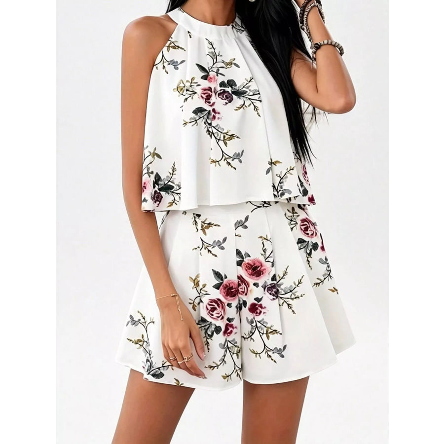 Full Size Floral Print Halter Neck Tank Top and Pleated Shorts Set Plus Size White / S Apparel and Accessories