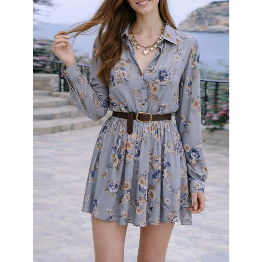 Full Size Floral Print Long Sleeve Shirt Dress Plus Size Gray / S Apparel and Accessories