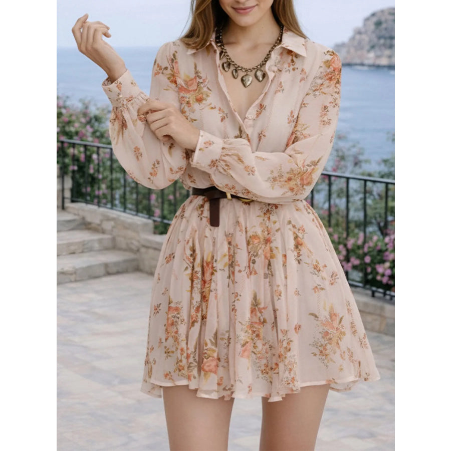 Full Size Floral Print Long Sleeve Shirt Dress Plus Size Tan / S Apparel and Accessories