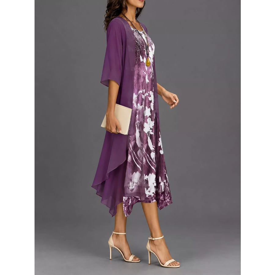 Full Size Floral Print Midi Dress and Chiffon Cardigan Set Plus Apparel Accessories