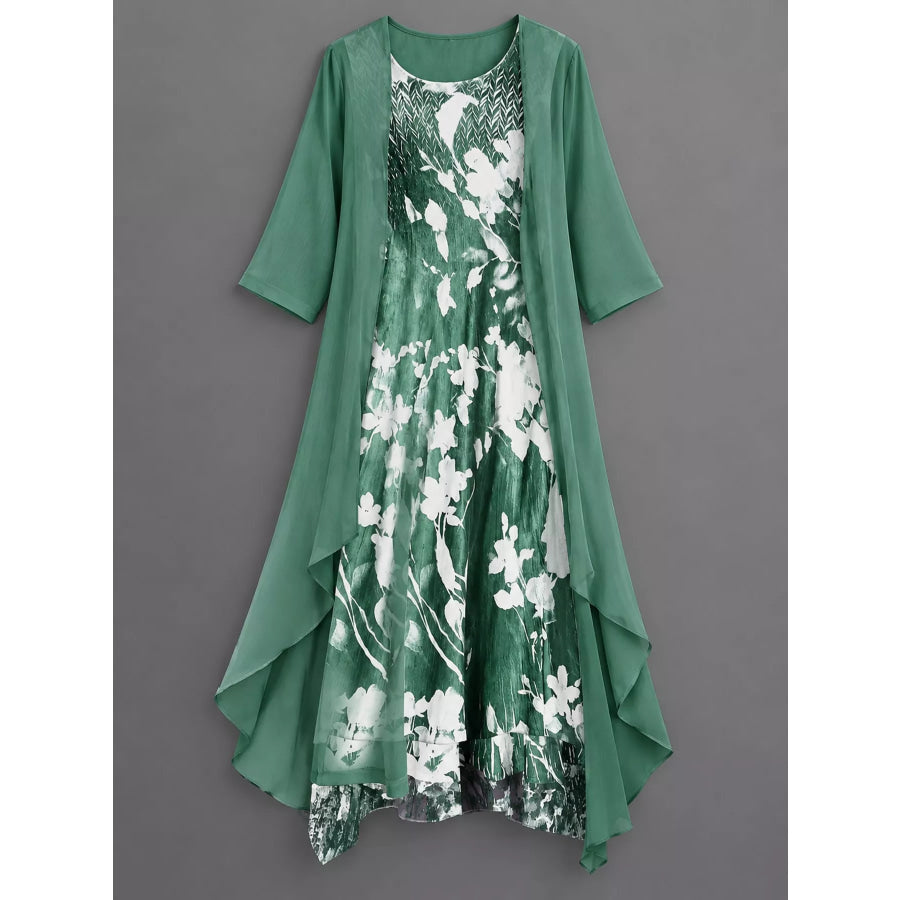 Full Size Floral Print Midi Dress and Chiffon Cardigan Set Plus Apparel Accessories