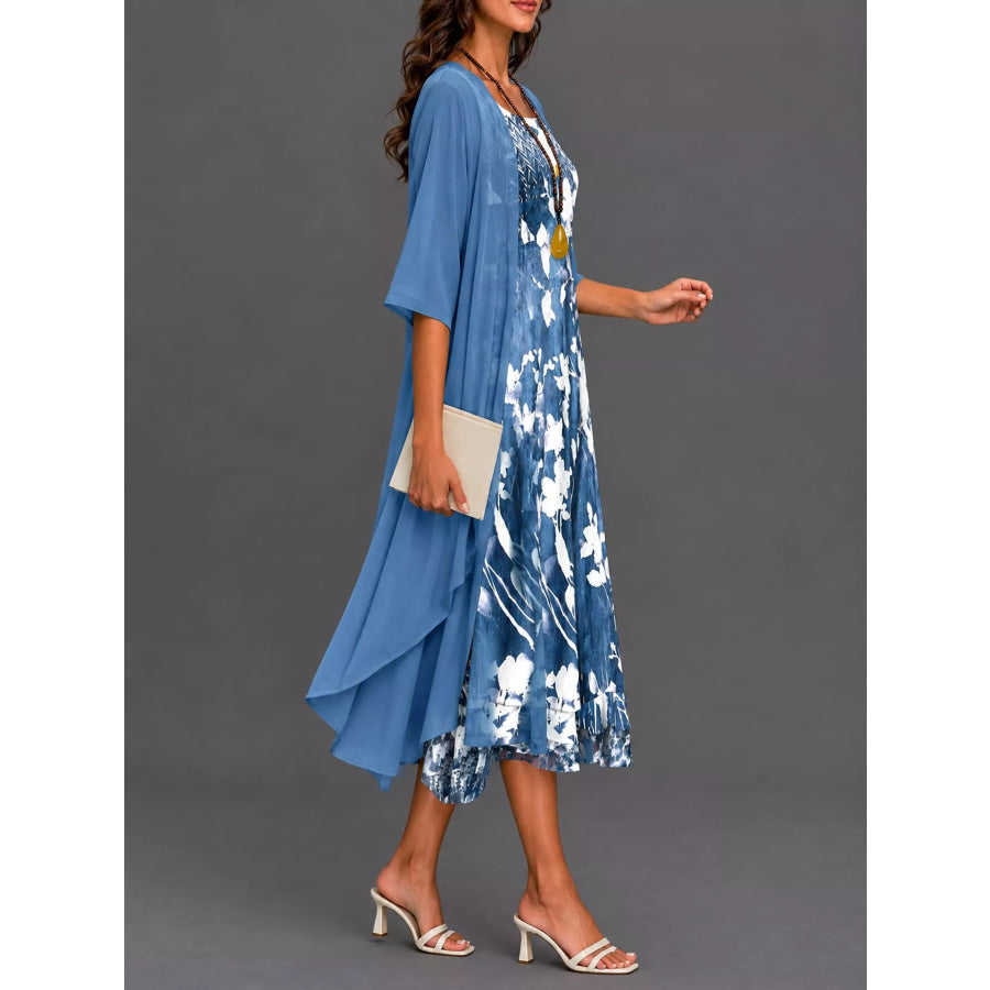 Full Size Floral Print Midi Dress and Chiffon Cardigan Set Plus Apparel Accessories