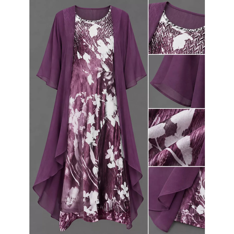 Full Size Floral Print Midi Dress and Chiffon Cardigan Set Plus Apparel Accessories