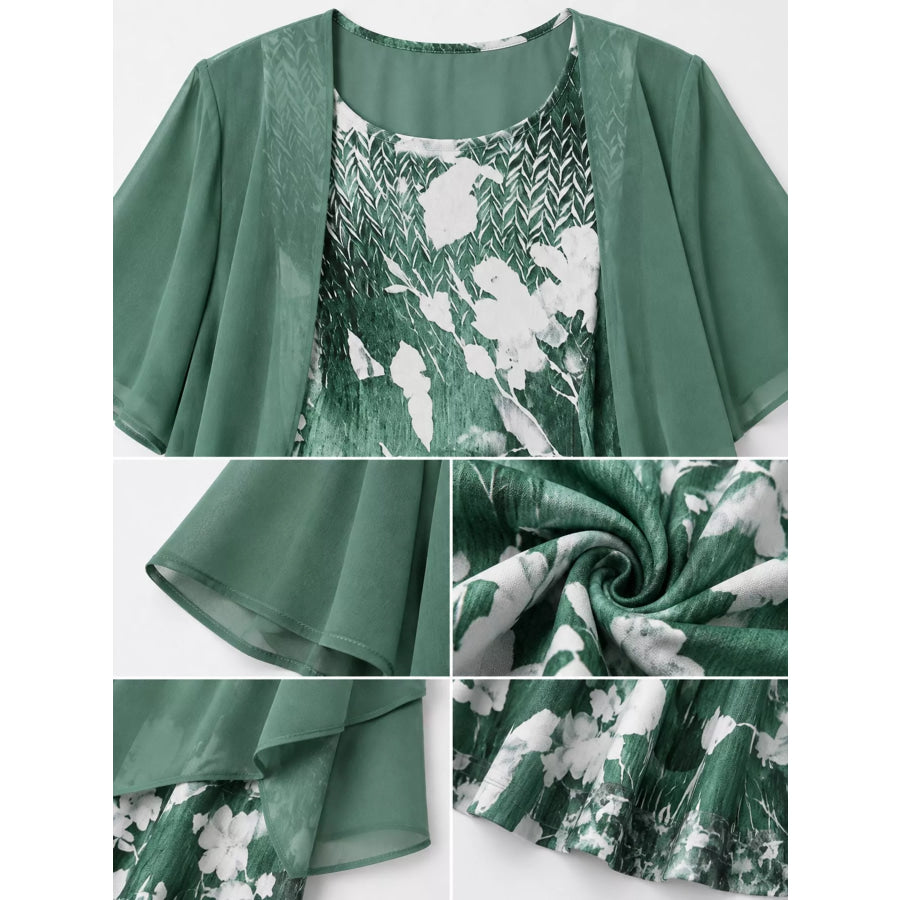 Full Size Floral Print Midi Dress and Chiffon Cardigan Set Plus Apparel Accessories