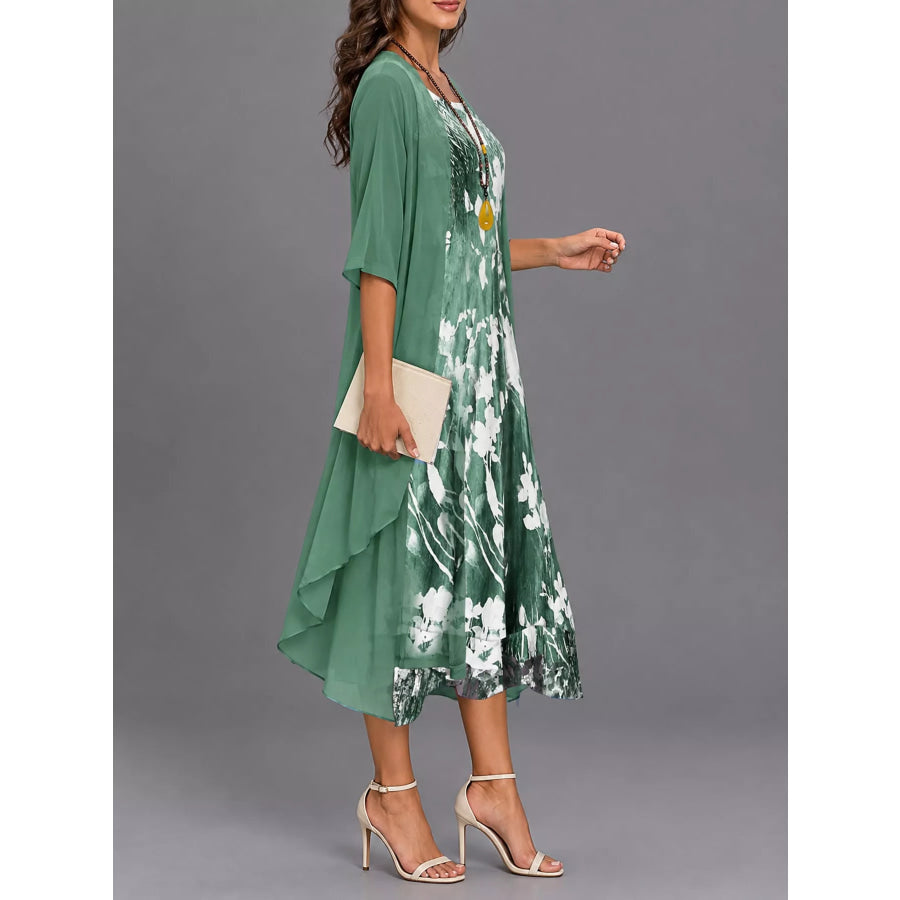 Full Size Floral Print Midi Dress and Chiffon Cardigan Set Plus Apparel Accessories
