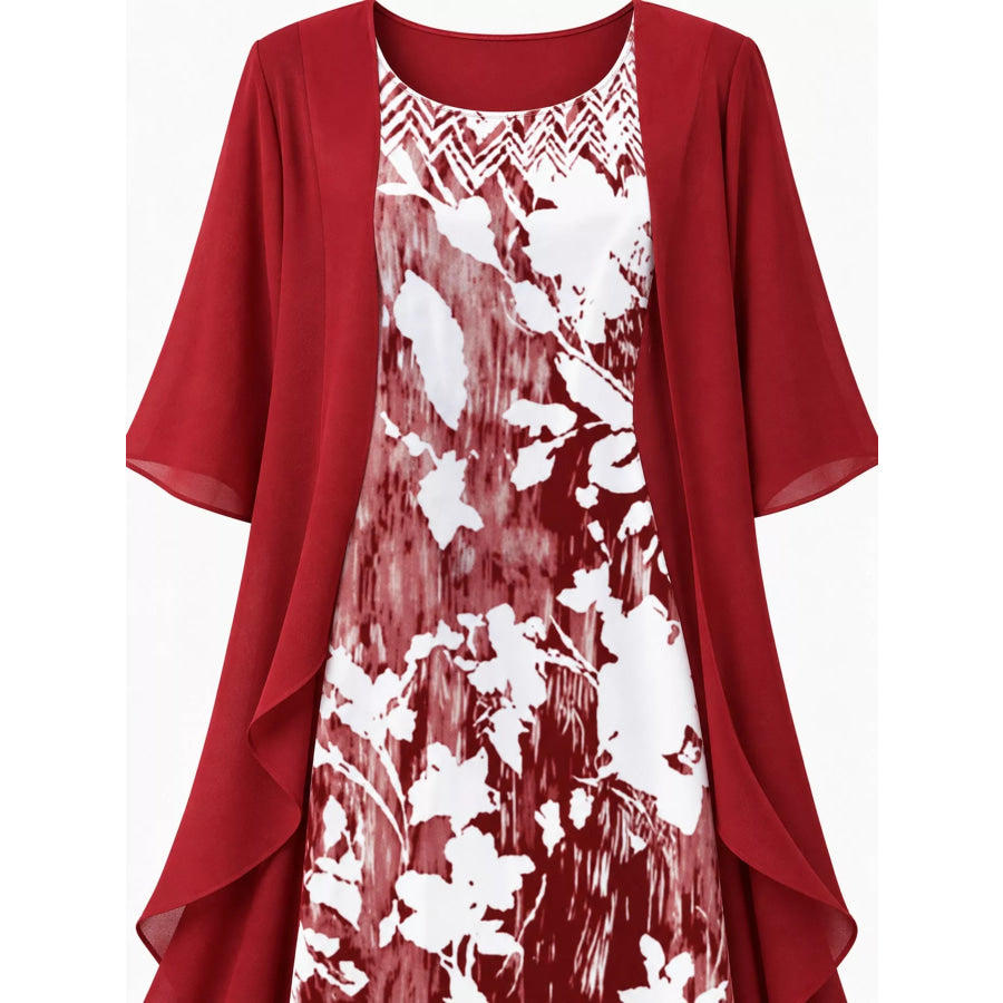 Full Size Floral Print Midi Dress and Chiffon Cardigan Set Plus Apparel Accessories