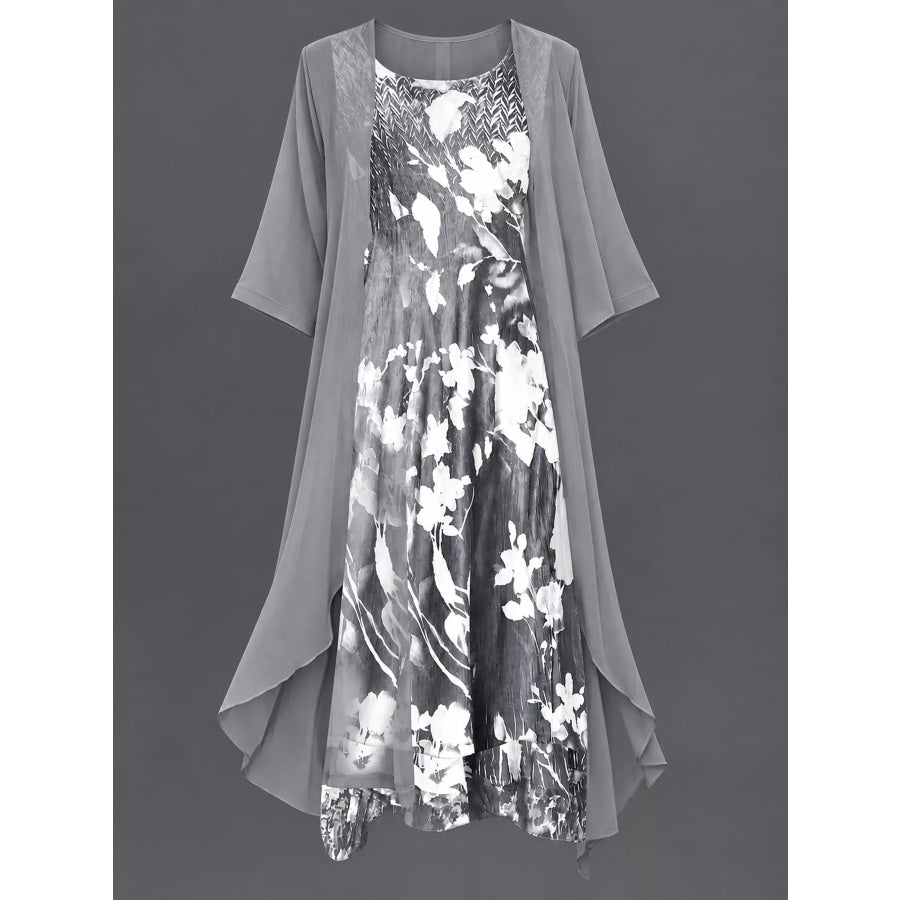 Full Size Floral Print Midi Dress and Chiffon Cardigan Set Plus Apparel Accessories