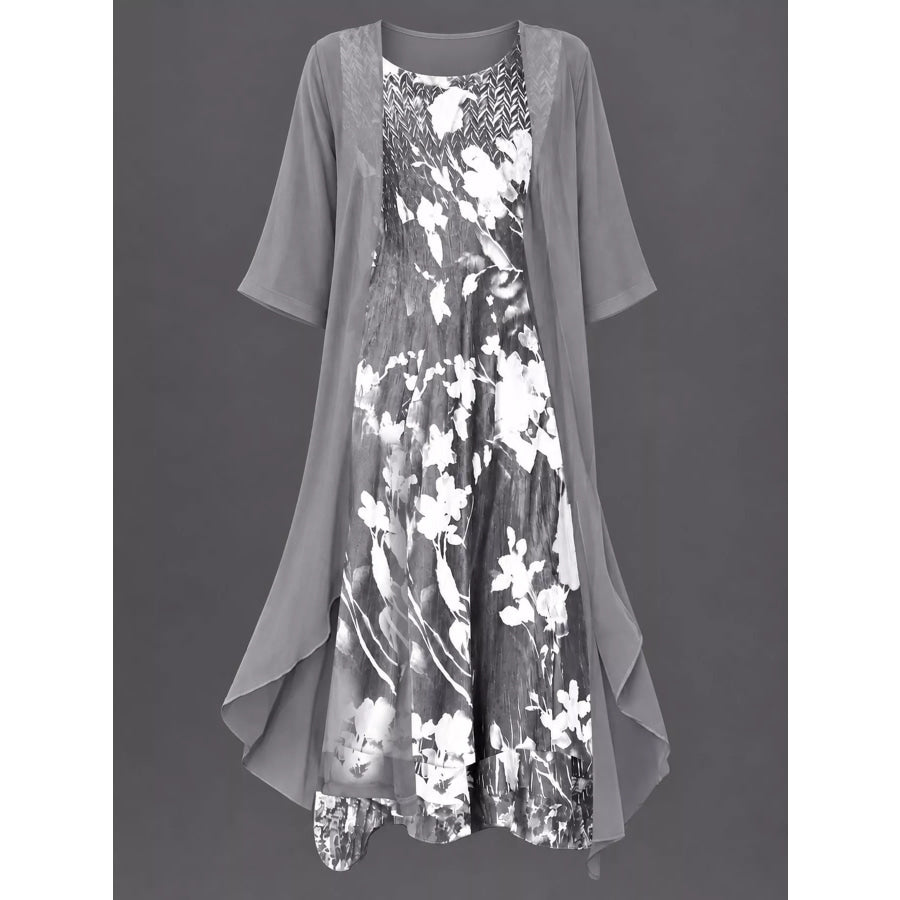 Full Size Floral Print Midi Dress and Chiffon Cardigan Set Plus Apparel Accessories
