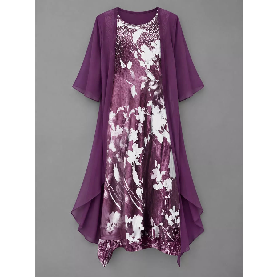 Full Size Floral Print Midi Dress and Chiffon Cardigan Set Plus Apparel Accessories