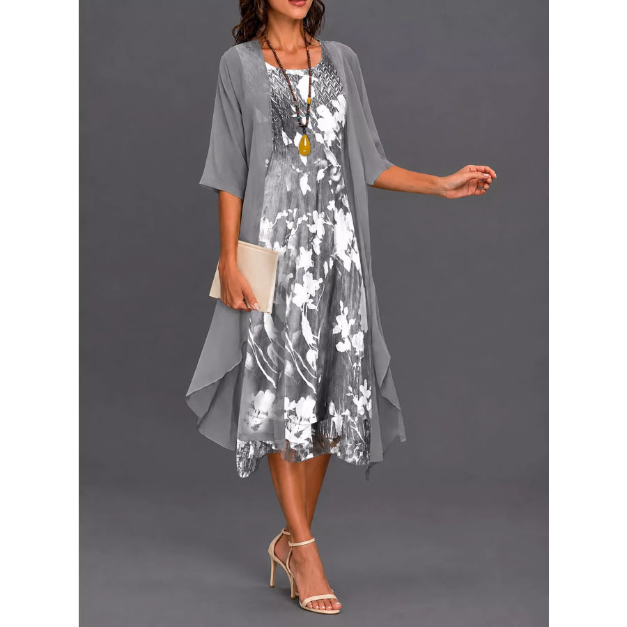 Full Size Floral Print Midi Dress and Chiffon Cardigan Set Plus Apparel Accessories