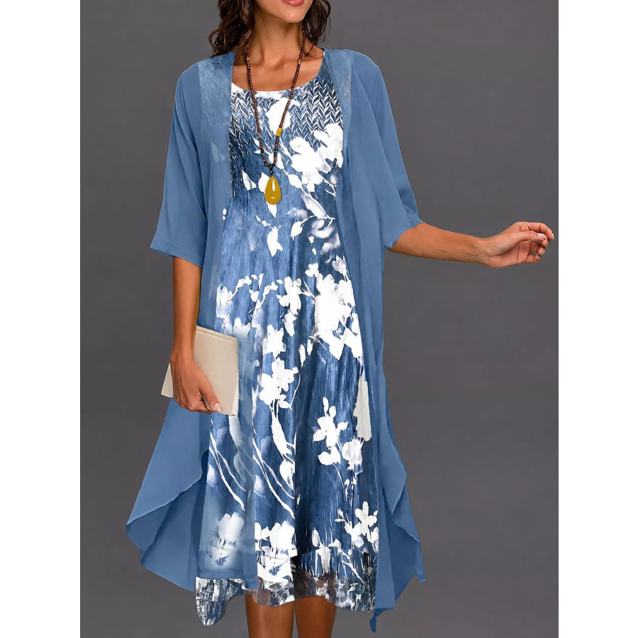 Full Size Floral Print Midi Dress and Chiffon Cardigan Set Plus Blue / S Apparel Accessories