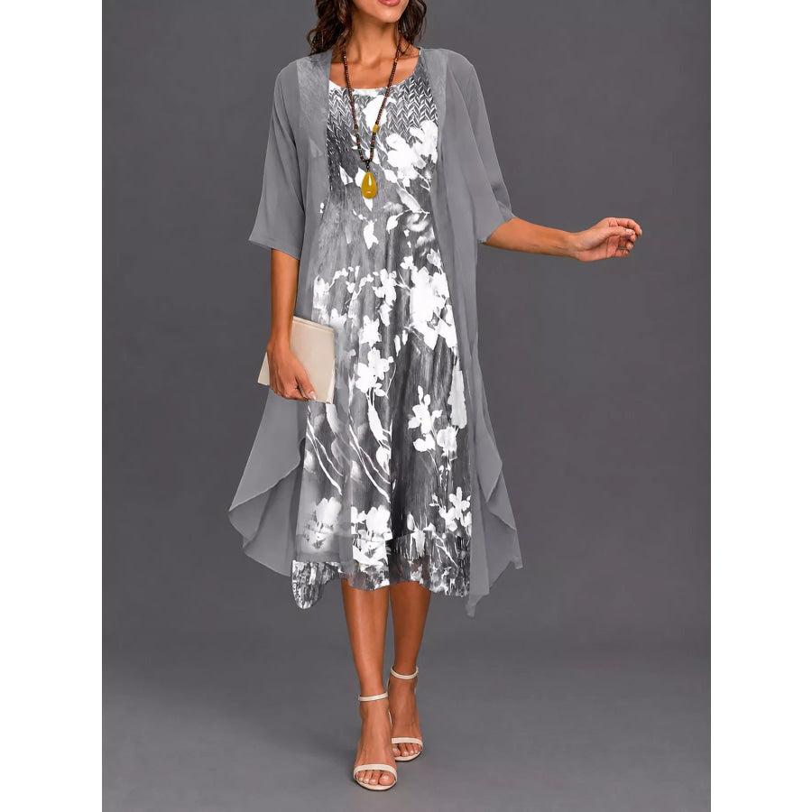 Full Size Floral Print Midi Dress and Chiffon Cardigan Set Plus Gray / S Apparel Accessories