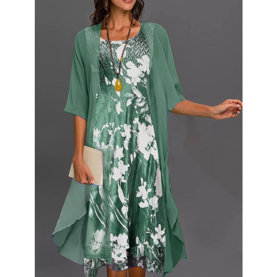 Full Size Floral Print Midi Dress and Chiffon Cardigan Set Plus Green / S Apparel Accessories