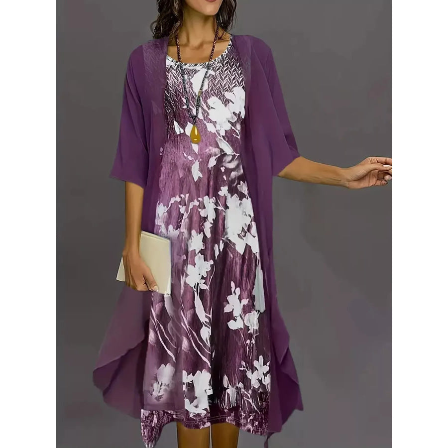 Full Size Floral Print Midi Dress and Chiffon Cardigan Set Plus Purple / S Apparel Accessories