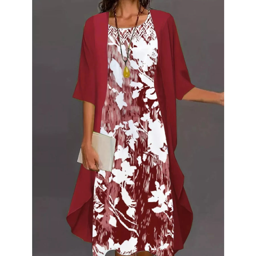 Full Size Floral Print Midi Dress and Chiffon Cardigan Set Plus Red / S Apparel Accessories
