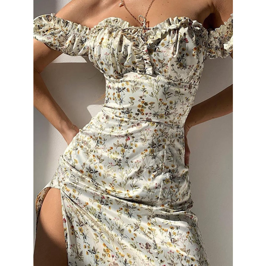Full Size Floral Print Off-Shoulder Slit Dress Plus Size Apparel and Accessories