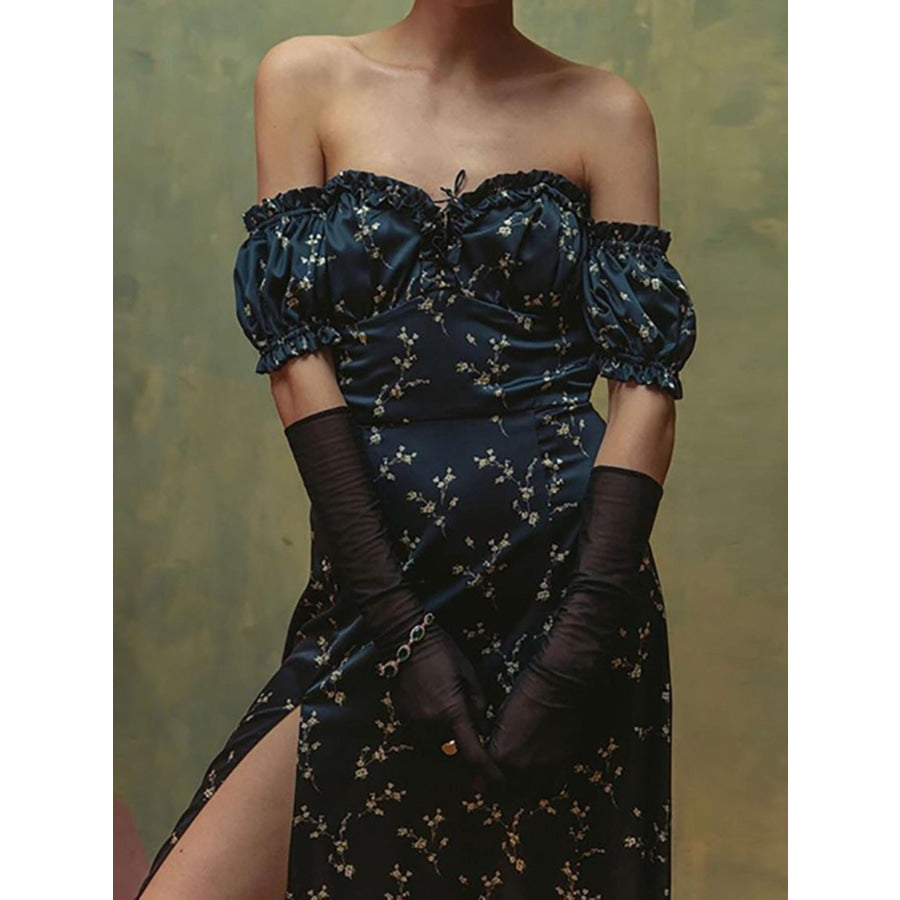 Full Size Floral Print Off-Shoulder Slit Dress Plus Size Apparel and Accessories