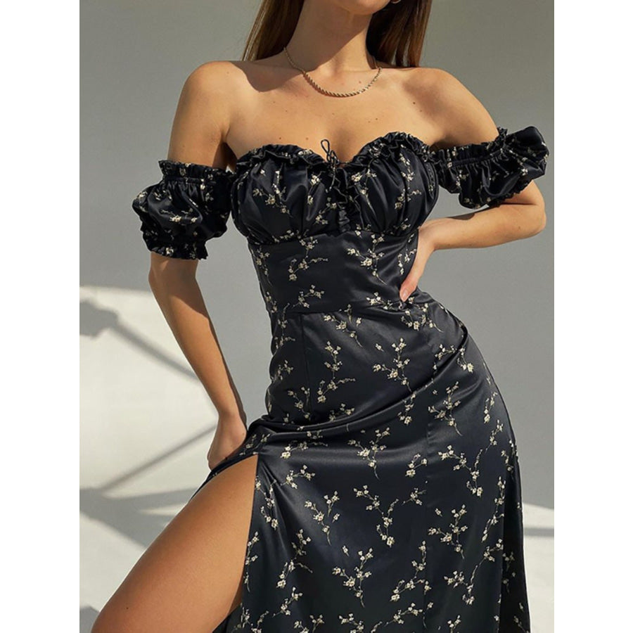 Full Size Floral Print Off-Shoulder Slit Dress Plus Size Black / S Apparel and Accessories