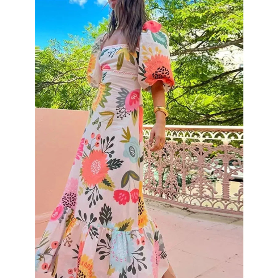 Full Size Floral Print Puff Sleeve Maxi Dress Plus Size Apparel and Accessories