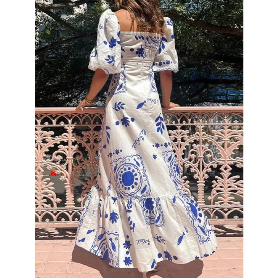 Full Size Floral Print Puff Sleeve Maxi Dress Plus Size Apparel and Accessories