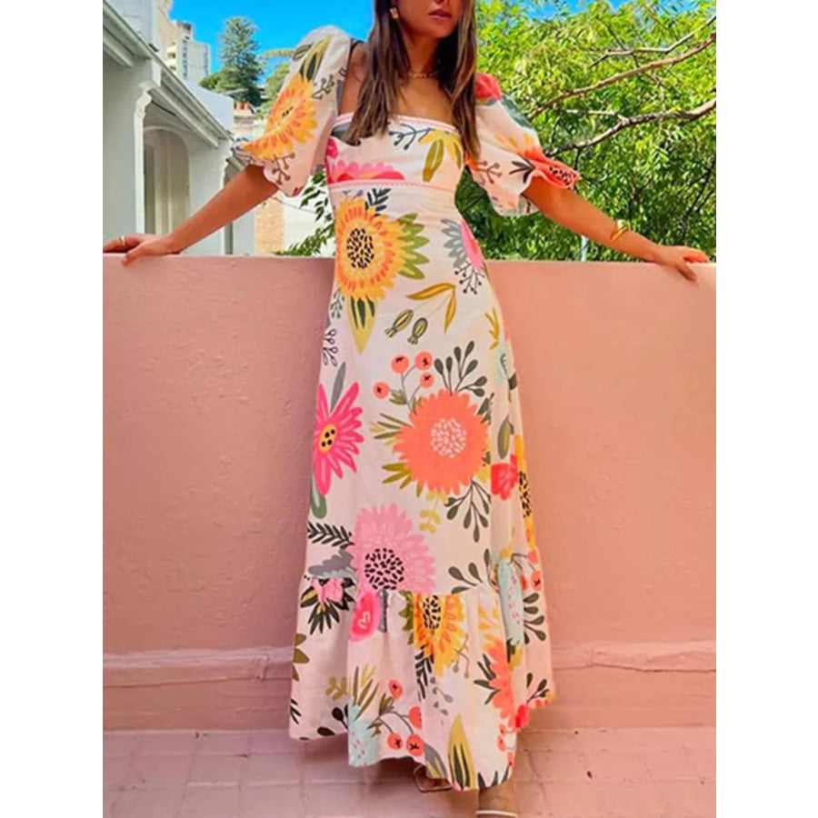 Full Size Floral Print Puff Sleeve Maxi Dress Plus Size Watermelon pink / S Apparel and Accessories