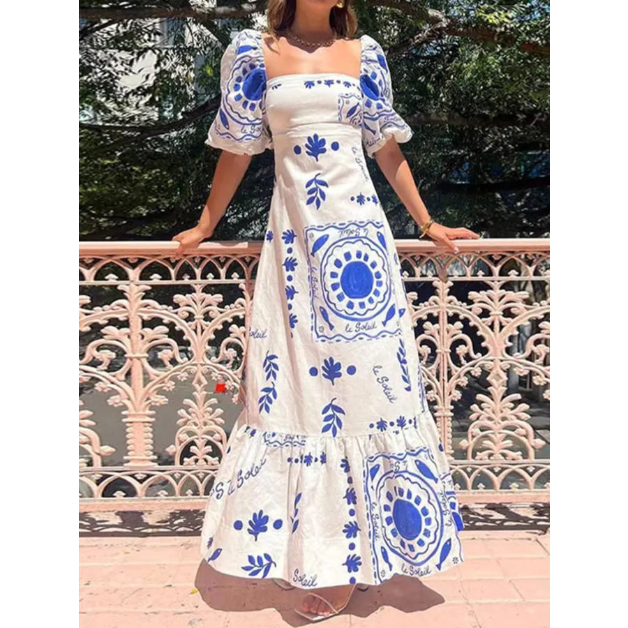 Full Size Floral Print Puff Sleeve Maxi Dress Plus Size White / S Apparel and Accessories