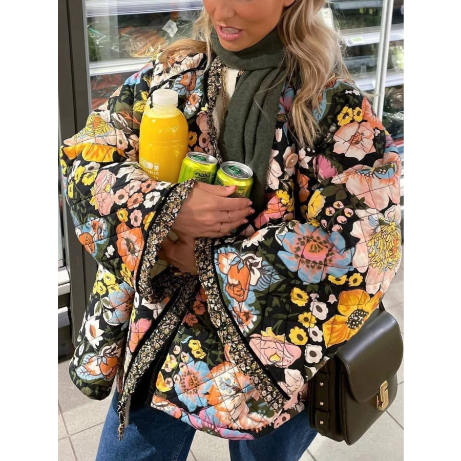 Full Size Floral Print Quilted Sherpa-Lined Jacket Plus Size Apparel and Accessories