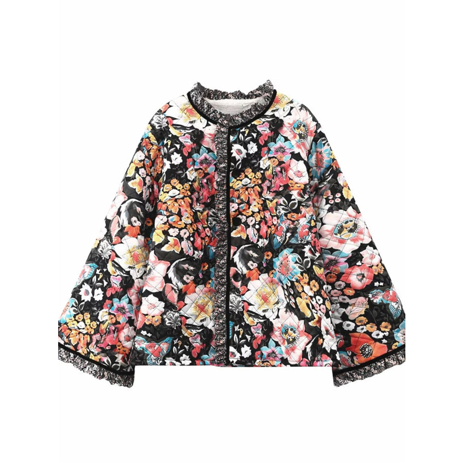Full Size Floral Print Quilted Sherpa-Lined Jacket Plus Size Apparel and Accessories