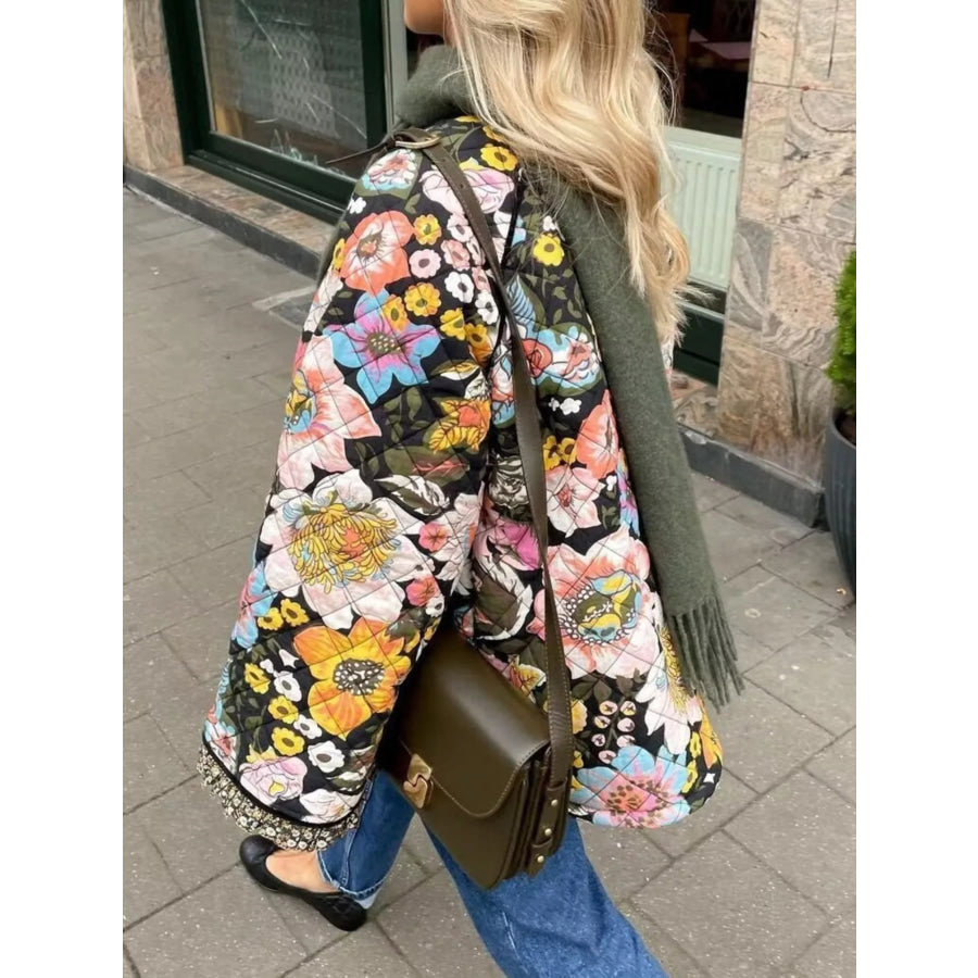 Full Size Floral Print Quilted Sherpa-Lined Jacket Plus Size Apparel and Accessories