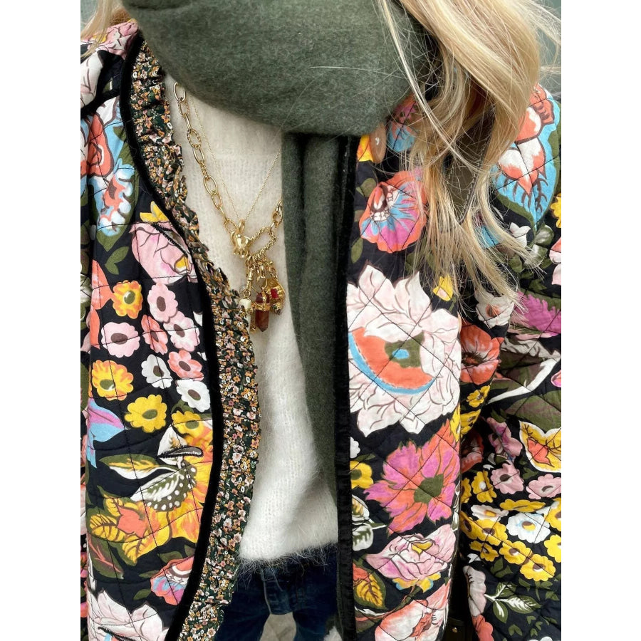 Full Size Floral Print Quilted Sherpa-Lined Jacket Plus Size Apparel and Accessories