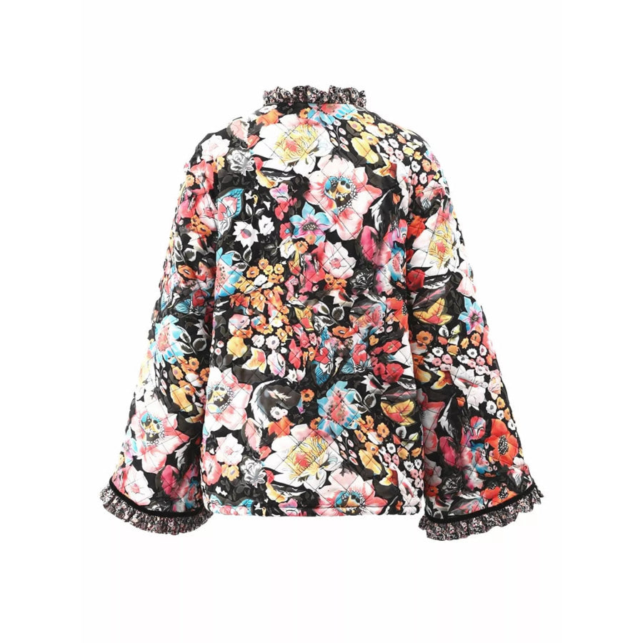 Full Size Floral Print Quilted Sherpa-Lined Jacket Plus Size Apparel and Accessories