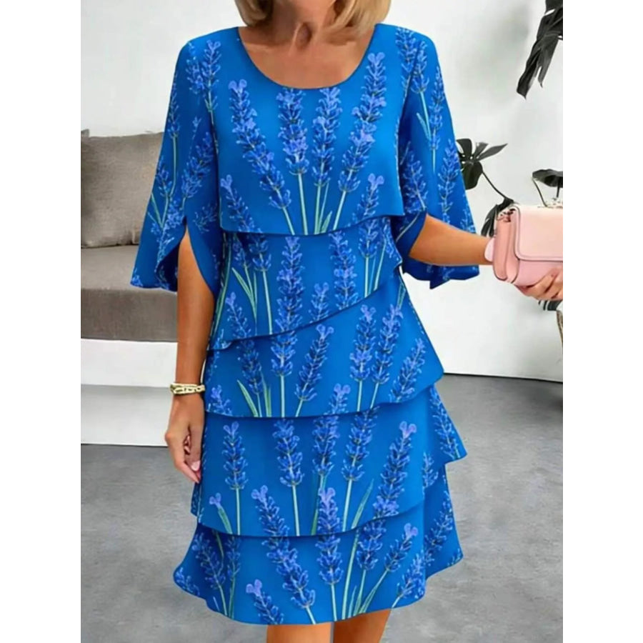 Full Size Floral Print Ruffle Hem Dress Plus Size Blue / S Apparel and Accessories
