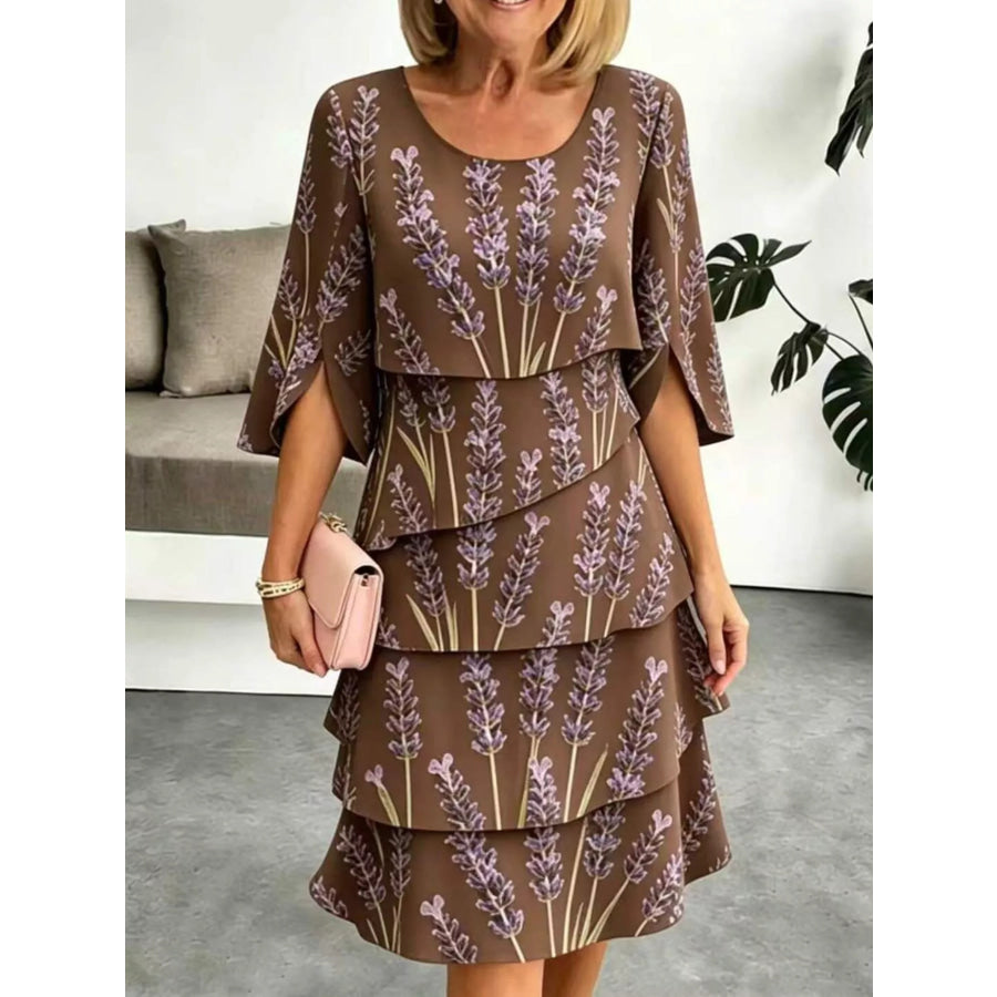Full Size Floral Print Ruffle Hem Dress Plus Size Brown / S Apparel and Accessories