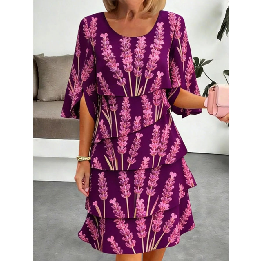 Full Size Floral Print Ruffle Hem Dress Plus Size Purple Red / S Apparel and Accessories
