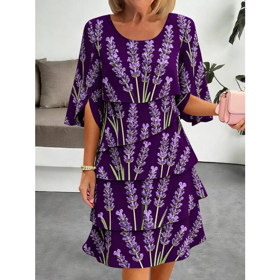 Full Size Floral Print Ruffle Hem Dress Plus Size Purple / S Apparel and Accessories