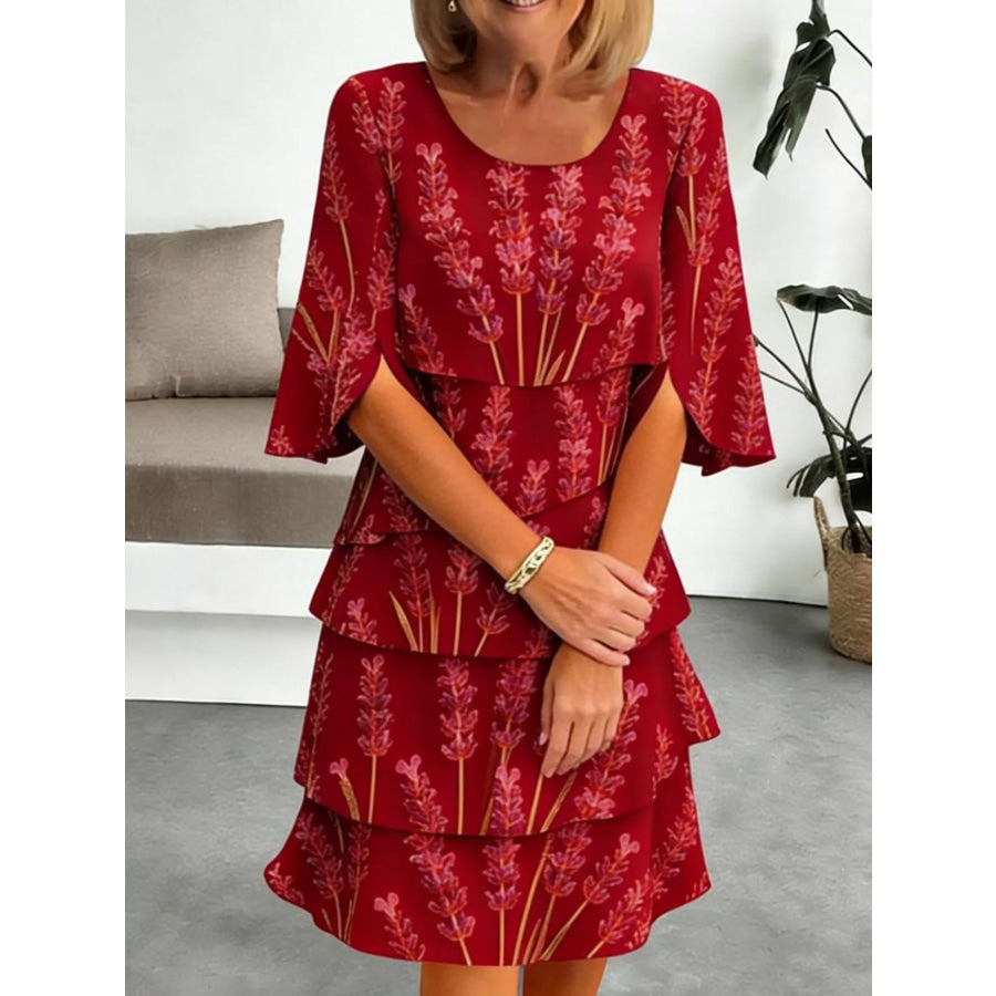 Full Size Floral Print Ruffle Hem Dress Plus Size Red / S Apparel and Accessories