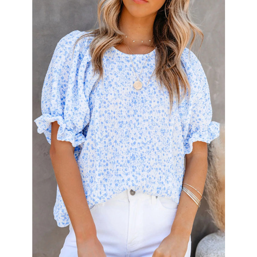 Full Size Floral Print Ruffle Sleeve Blouse Plus Size Apparel and Accessories