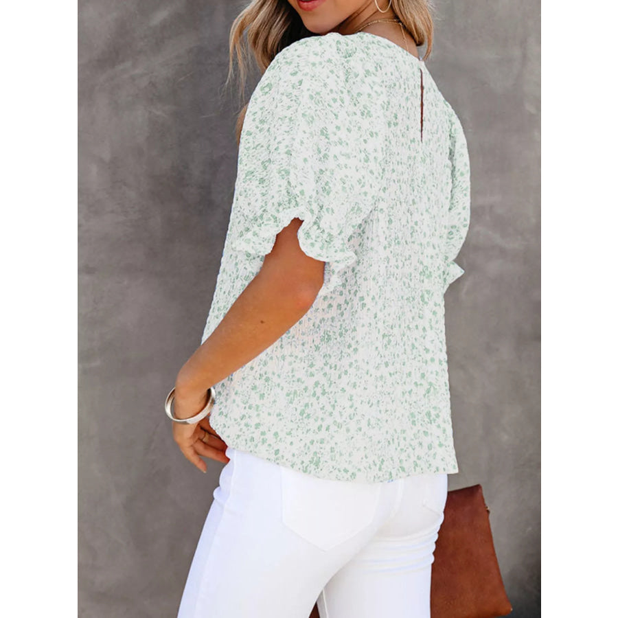 Full Size Floral Print Ruffle Sleeve Blouse Plus Size Apparel and Accessories