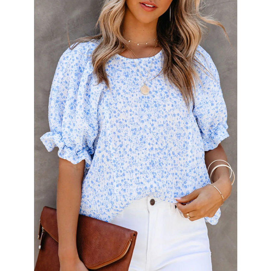 Full Size Floral Print Ruffle Sleeve Blouse Plus Size Apparel and Accessories