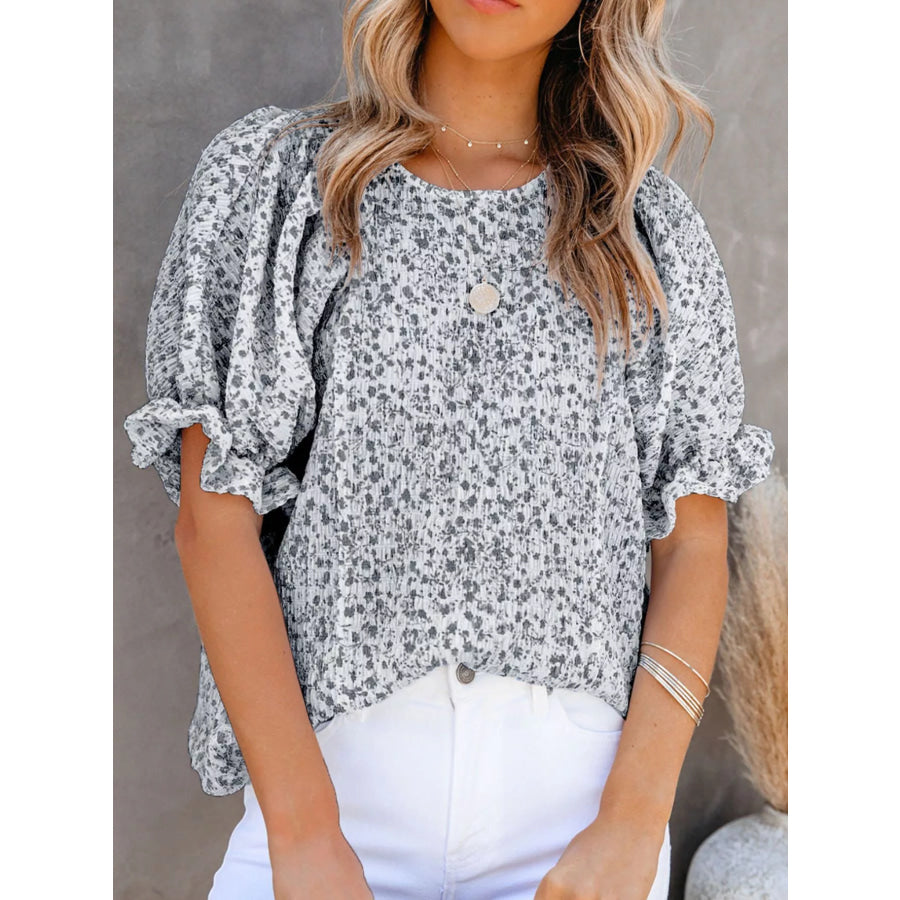 Full Size Floral Print Ruffle Sleeve Blouse Plus Size Black / S Apparel and Accessories