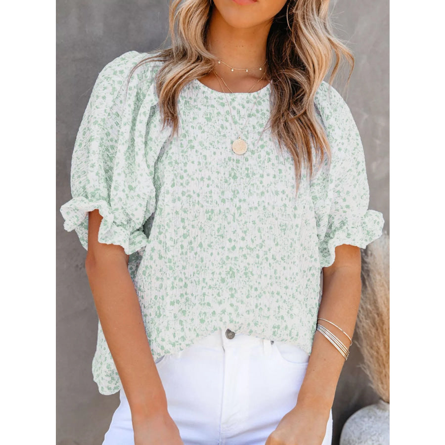 Full Size Floral Print Ruffle Sleeve Blouse Plus Size Green / S Apparel and Accessories