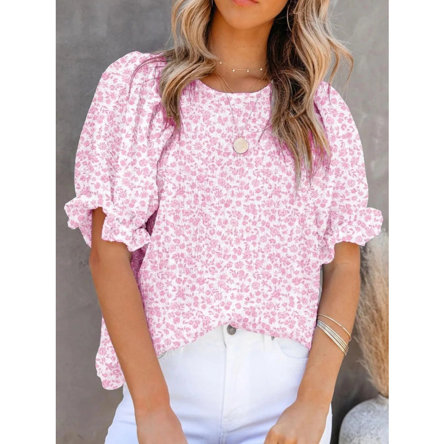 Full Size Floral Print Ruffle Sleeve Blouse Plus Size Pink / S Apparel and Accessories