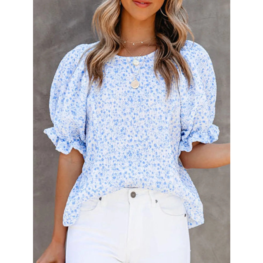 Full Size Floral Print Ruffle Sleeve Blouse Plus Size Sky Blue / S Apparel and Accessories