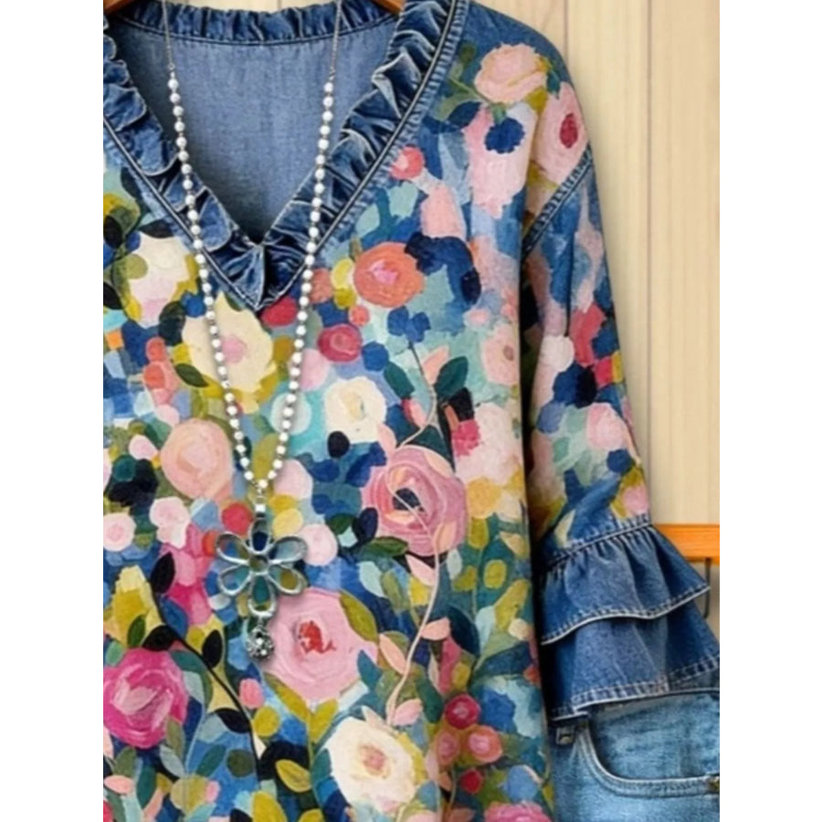 Full Size Floral Print Ruffle Trim Denim Top Plus Apparel and Accessories