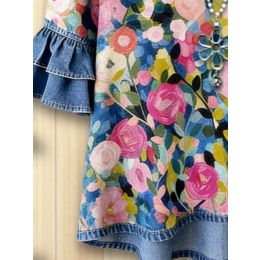 Full Size Floral Print Ruffle Trim Denim Top Plus Apparel and Accessories