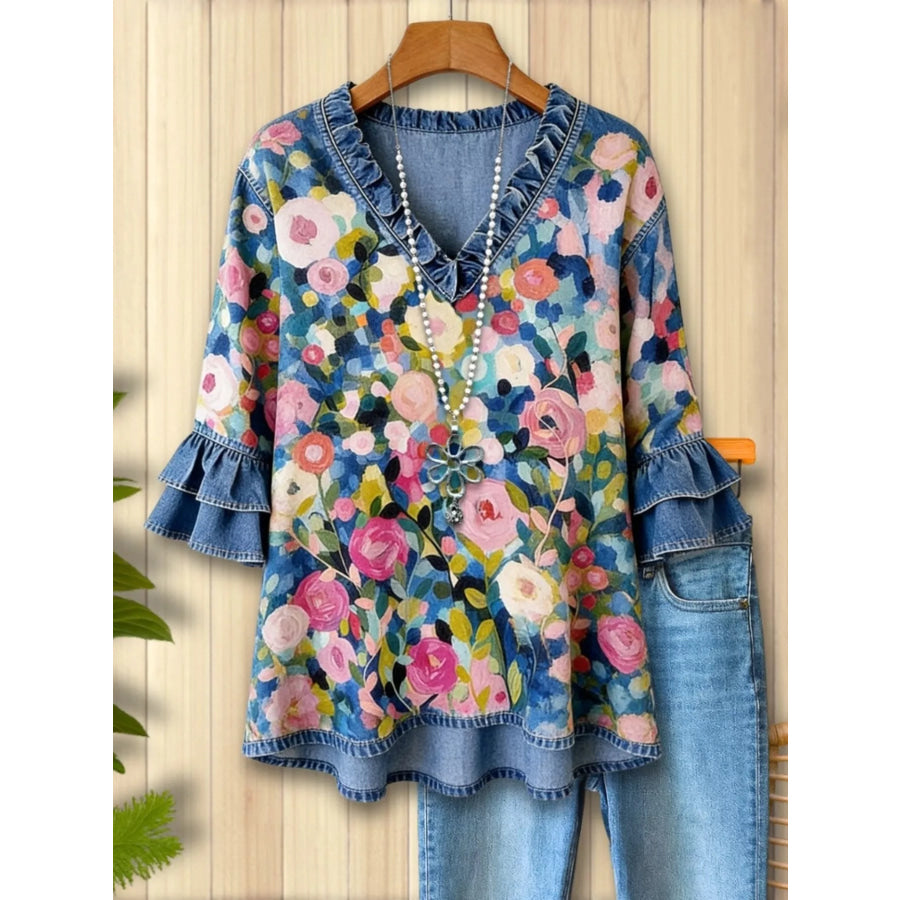Full Size Floral Print Ruffle Trim Denim Top Plus / S Apparel and Accessories